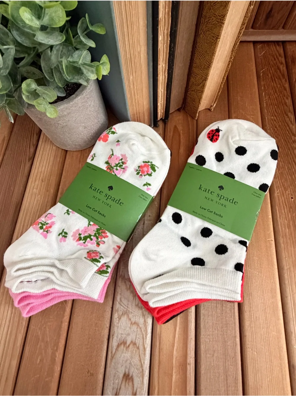 Kate Spade Ankle Socks 3 pack, Choice of: Black Polka Dot or Pink Cottage Floral